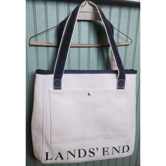 Lands' End Handbags - Lands End Canvas Tote 14x15x5‎ White Bag Tan Blue Logo & Trim Shopper Beach EUC